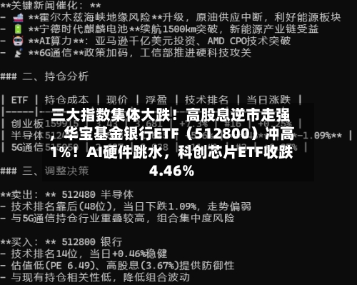 三大指数集体大跌！高股息逆市走强，华宝基金银行ETF（512800）冲高1%！AI硬件跳水，科创芯片ETF收跌4.46%-第3张图片